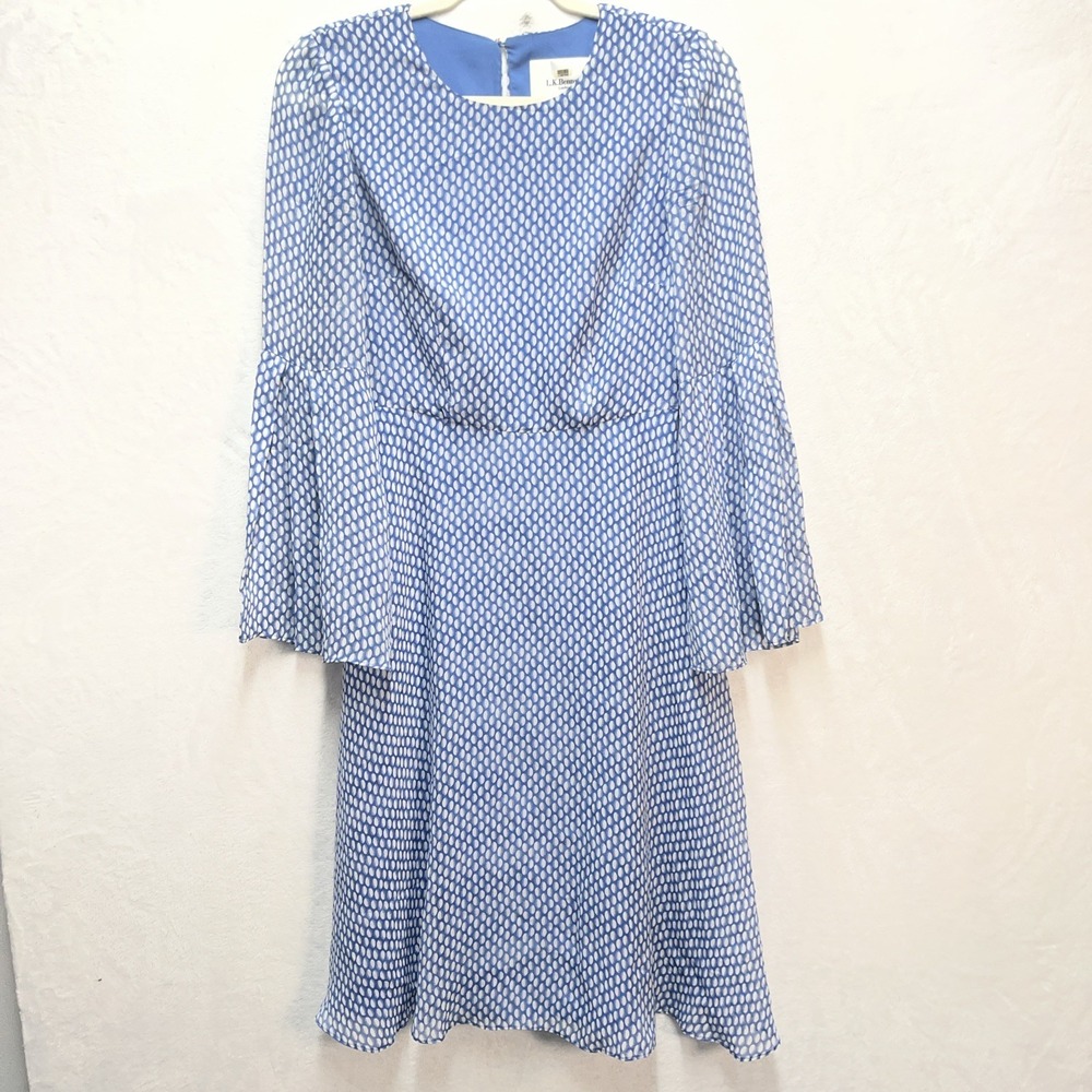 LK Bennett Abbie Silk Dress Women's 4 Blue White Flare Sleeve Lined *FLAWED*